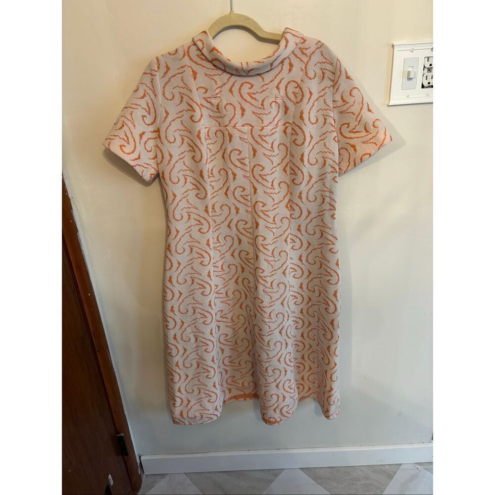 Vintage Jule-Wyn 1960s 1970s Mod Dress Large White Orange Swirl Zip Back